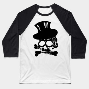 Heavy Metal Black Skull with Crossbones and Top Hat Baseball T-Shirt